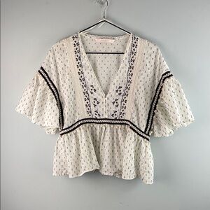 Zara Trafaluc Collection Peasant Top with Blue Print Size S